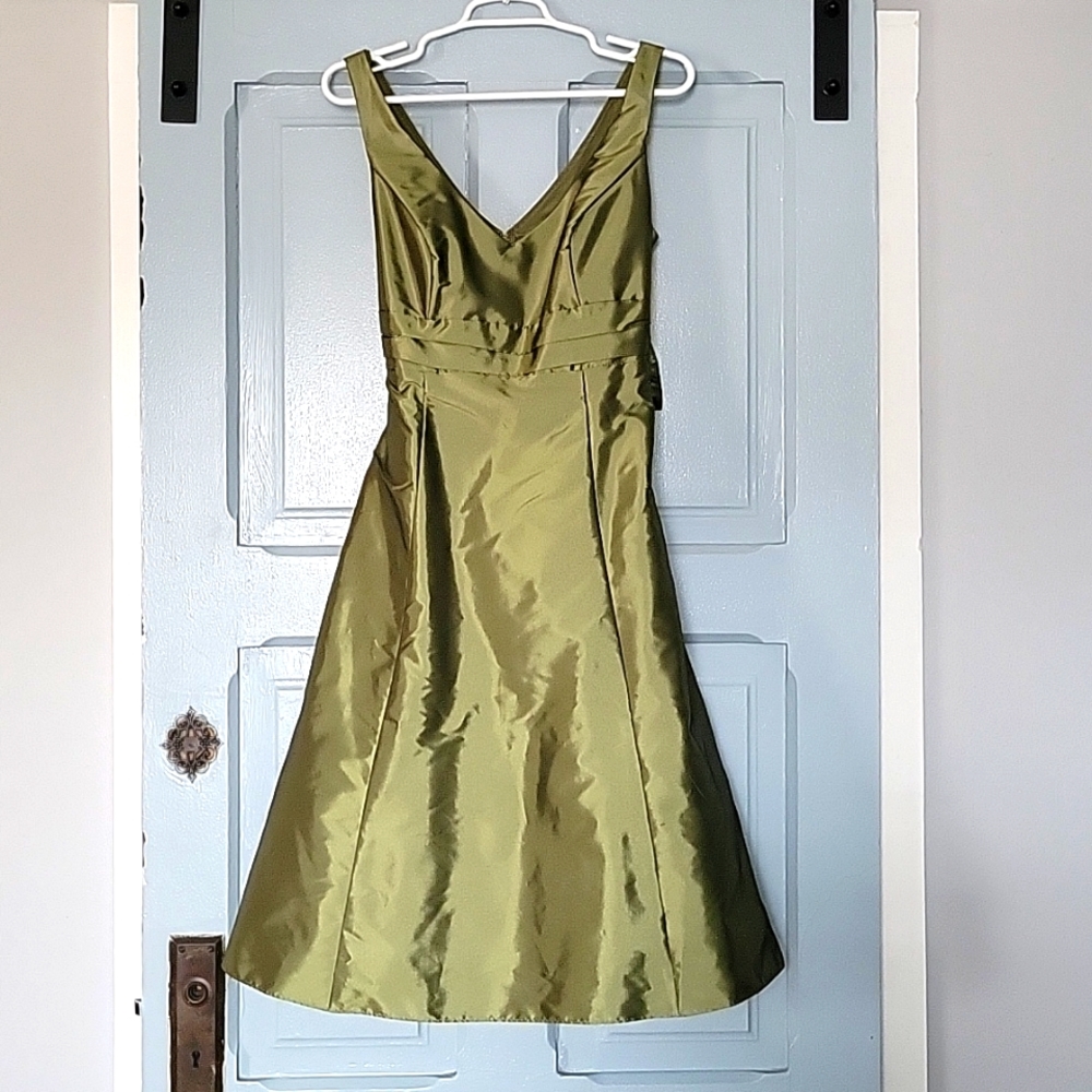 David's Bridal shimmery satin olive green sleeveless semi-formal A-line dress
